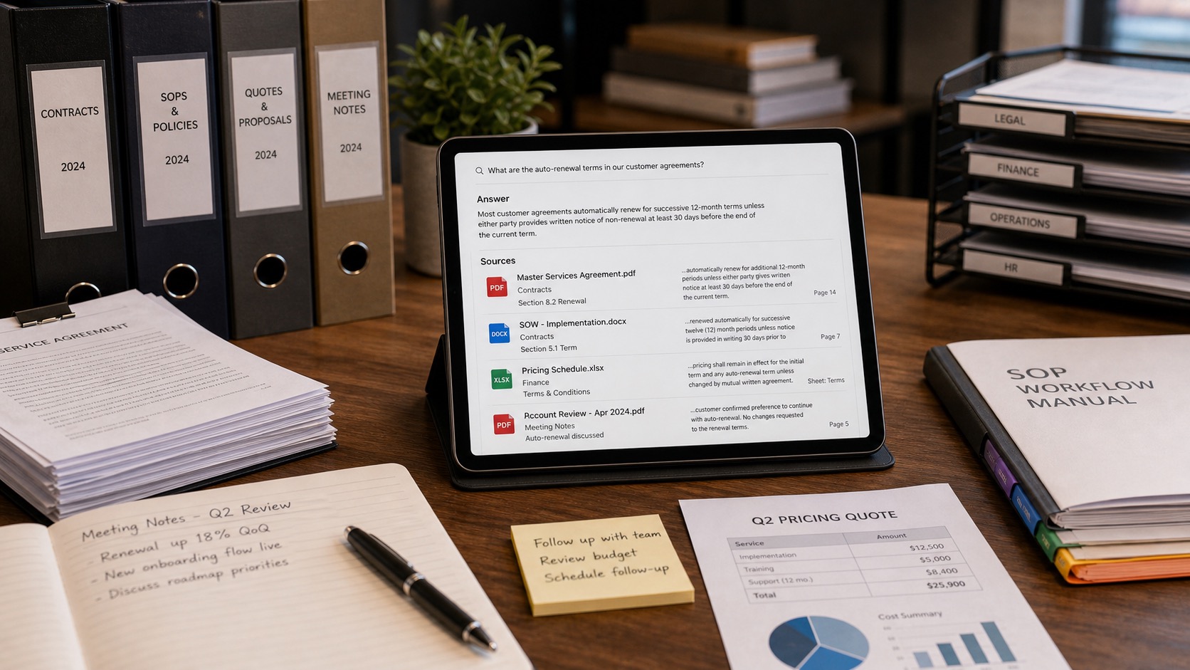 Local document knowledge hub with contracts, SOP binders, source documents, and cited answers