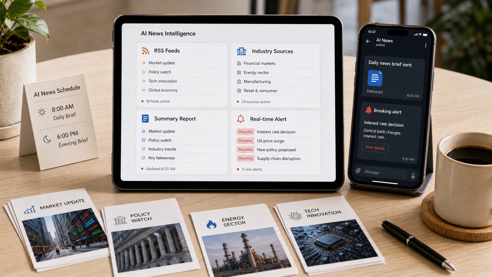 Research briefing workflow with news clippings, source documents, and a finished PDF brief