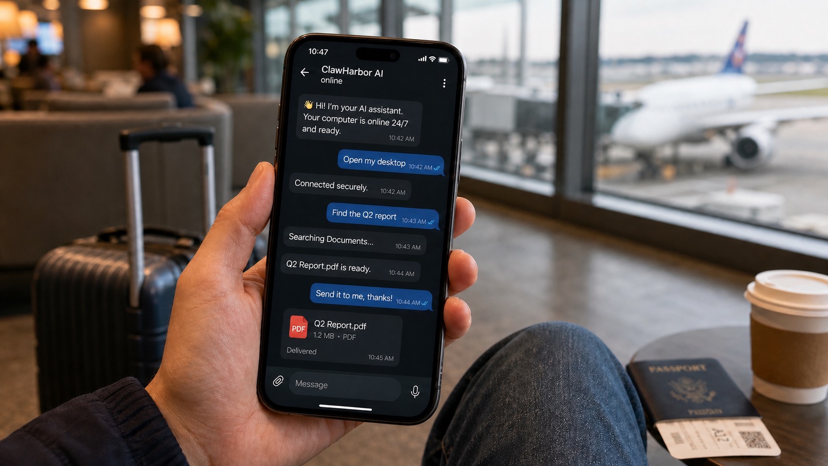 Traveler starting a task from a phone and receiving a finished PDF report