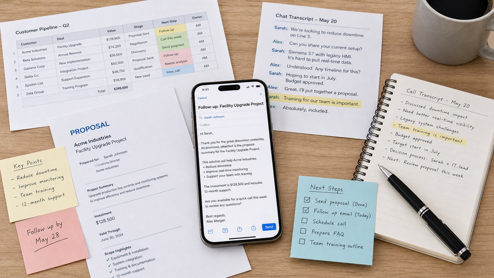 Sales follow-up workspace with quote PDFs, spreadsheets, call notes, and email draft