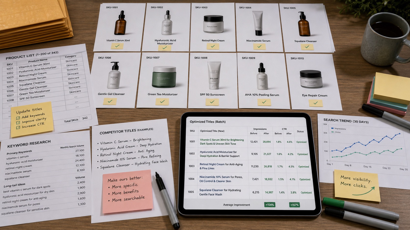Ecommerce product listing SEO optimizer with SKU rows, keyword notes, and product cards